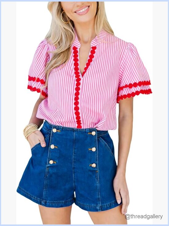 Tops - V Neck Puff Sleeve Striped Cotton Pullover Blouse Rickrack Top